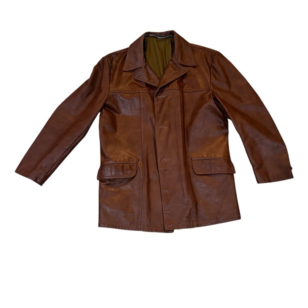 Men's Brown Caramel Colored Long Sleeved Leather Button Up Jacket, Pockets, L.